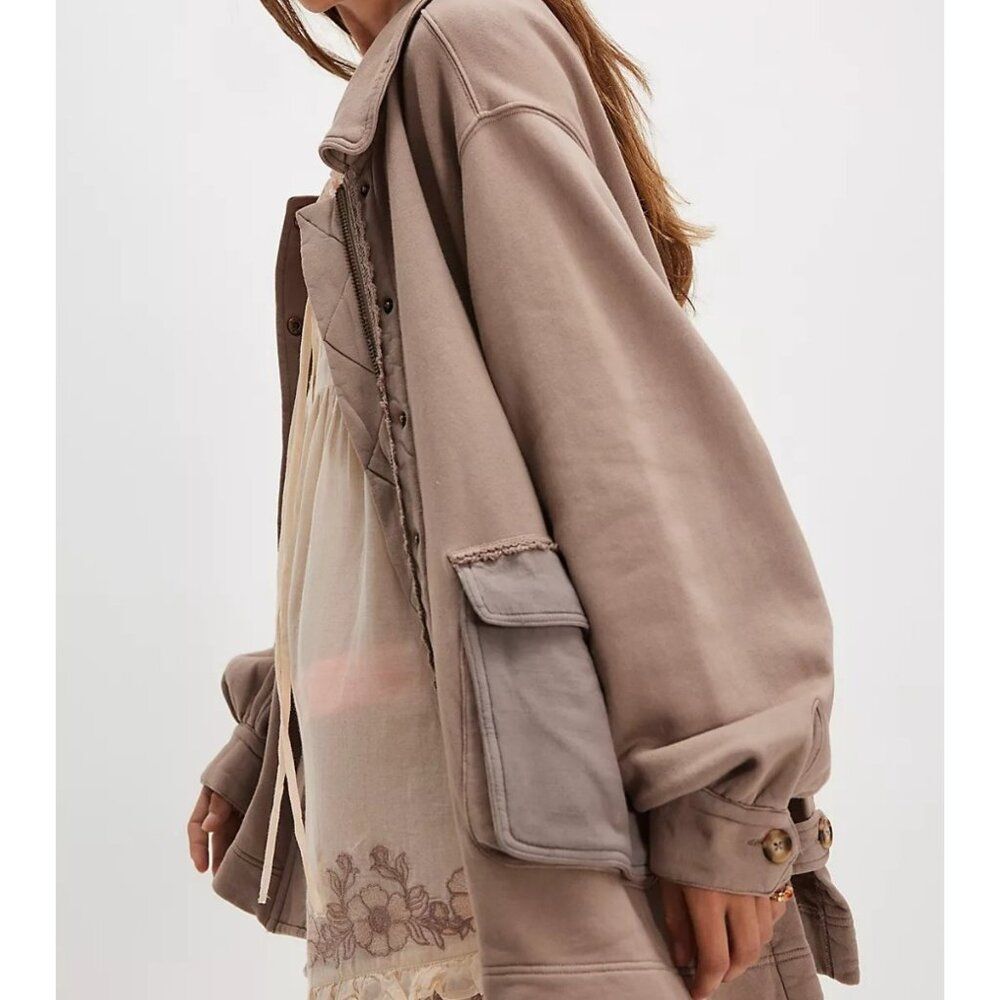 Free People Small Alexa Sweatshirt Zipper Snap Button Closure Dusted Cocoa NEW